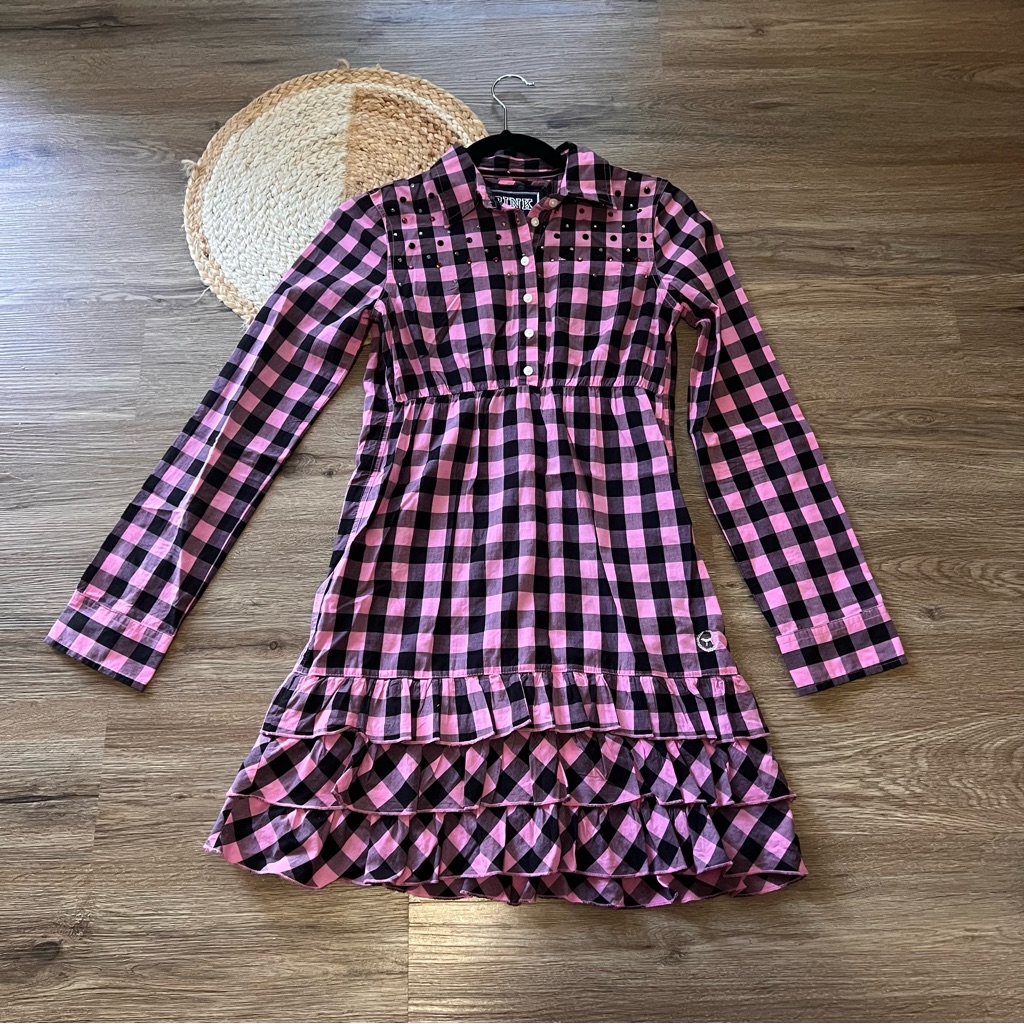 Pink Victoria's Secret Y2k Checkered Pink/Black Dress With Rhinestone & Ruffles